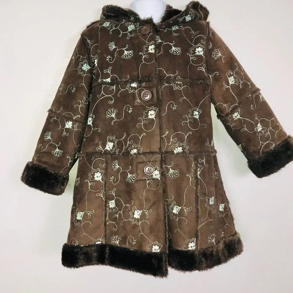 Vintage Y2K Rothschild Girls 4T Coat Brown Teal Embroidered Faux Fur Winter Long